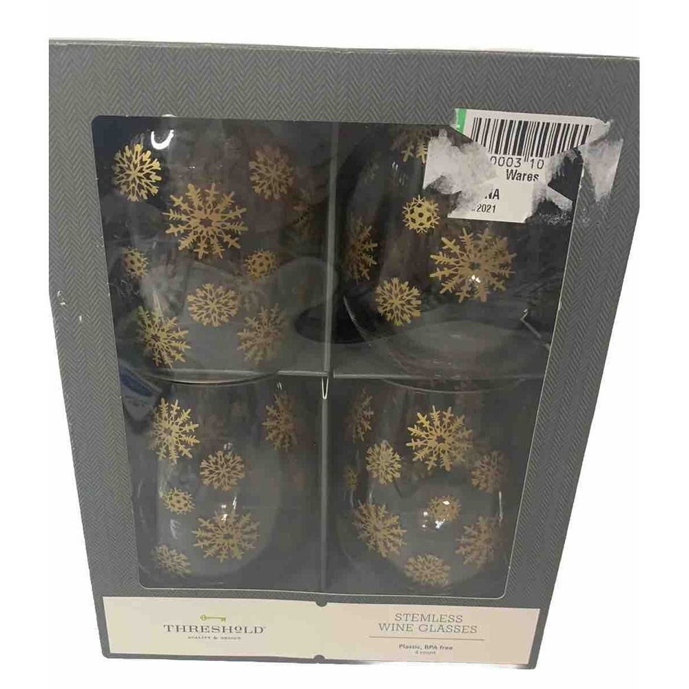 Wine Glasses Threshold Stemless 4 Count Plastic BPA Free Clear Gold New